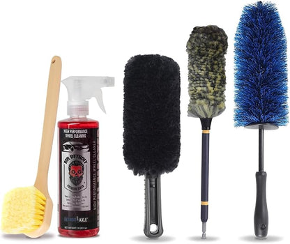 Mr. Detroit - 5pc Car Cleaning Kit with Wheel Brushes and Cleaner, Drill Wheel Brushes, Long Handle Cleaning Brush, Wheel Cleaning Tool for Cars, Rims, Trucks, Brakes and Any Other Narrow Spaces