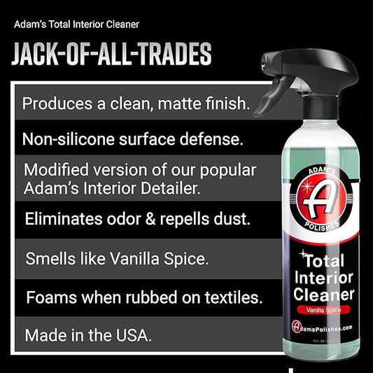 Adam's Polishes Total Interior Cleaner & Protectant, Quick Detailer & SiO2 Protection, Ceramic Infused, Anti-Static, OEM Finish, For Leather, Vinyl, Plastics, Glass & More