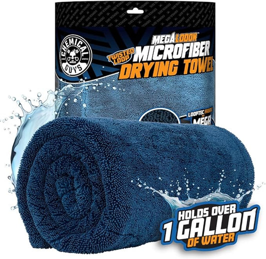 Chemical Guys Megalodon Microfiber Drying Towel with Twisted Loop Technology, Super Plush Absorbent 24" x 36" Microfiber Towel for Cars, Trucks, SUVs, RVs, and More, Extra Large Dark Blue Drying Cloth