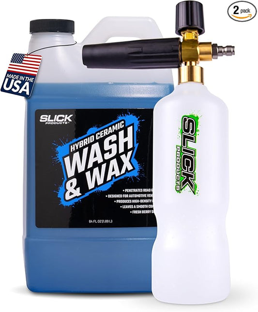 Slick Products Wash & Wax (64 oz.) + Pressure Washer Foam Cannon Bundle – Super Concentrated Car Wash Foam Shampoo for Car, Truck, RV, Motorcycle, Trailer, and Boat