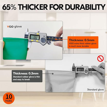 Vgo... 10-Pairs Reusable Household Gloves, Rubber Dishwashing gloves, Extra Thickness, Long Sleeves, Kitchen Cleaning, Working, Painting, Gardening, Pet Care (Size M, Green, HH4601)