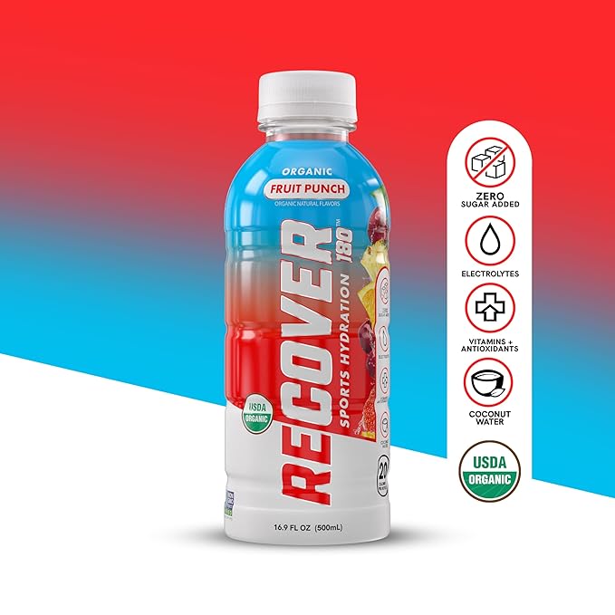 RECOVER 180 Organic Sports Hydration Drink, No Sugar Added, 20 Calorie Sports Beverage, Organic Flavors With Vitamins, Potassium-Packed Electrolytes (16.9 Fl Oz (Pack of 12), Fruit Punch)