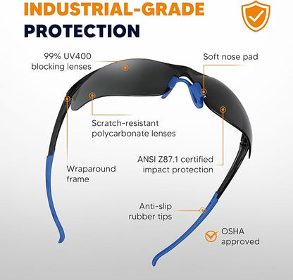 Safety Glasses Tinted 12 Pack, Protective Eyewear for Men Women UV Protection ANSI Z87.1, Safety Sunglasses Bulk Scratch Impact Resistant Eye Protection with Nose Pads for Construction Work Smoke