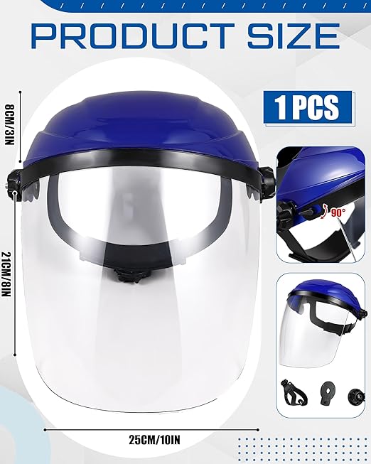 Tellegloww 4 Pcs Safety Face Shield for Grinding and Cutting, Clear Impact Resistant Visor, Full Face Shield Mask with Ratchet Headgear for Grinding, Isolation, Weed Whacking, Industrial Use (Blue)