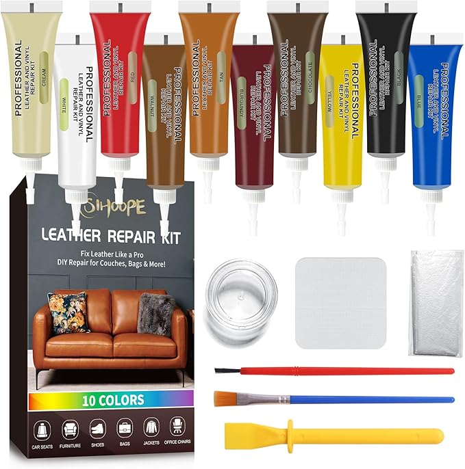 SIHOOPE Car Leather Repair Kit for Furniture, Vinyl Repair Kit for Car Interiors Seat,Fixes Tears, Holes, Scratches and Peeling, Restores Faux, Artificial, and Genuine Leather (Ten Colors)