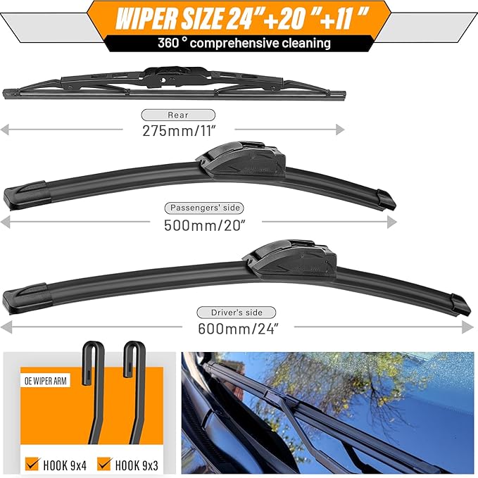 AUTOBOO 24"+20" Windshield Wipers with 11" Rear Wiper Blade Replacement for Cadillac XT5 2017 2018 2019 2020 2021 2022 2023 -Original Factory Quality (Pack of 3)