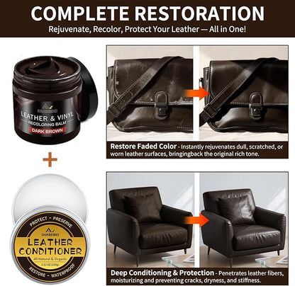 SHABEIBEI Leather Recoloring Balm with 100ml Mink Oil, Dark Brown Leather Repair Kit and Scratch Remover for Furniture, Car Seats, Sofas, Dye & Restorer for Couches, Vinyl, PU, Faux