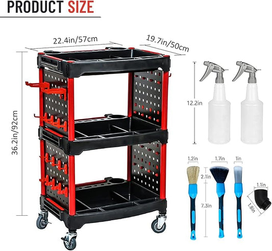 AstraLoom Heavy-Duty Car Detailing Cart for Garage & Workshop – 3-Tier Auto Tool Cart with 4 Tool Boards, 32 Hooks, Lockable Wheels & 440 lbs Capacity