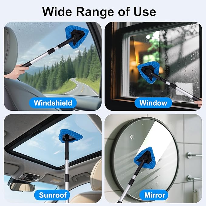 BITOPE All-in-One Car Windshield Cleaner Kit | Extendable Tool with 3 Reusable Microfiber Pads & Spray Bottle for Interior & Exterior Window Cleaning on Cars, SUVs, Trucks
