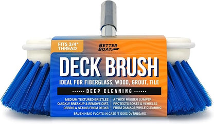 Medium Boat Deck Brush, Heavy-Duty Marine Brush Head, 8" Bristle with Bumper, 3/4" Thread Handle, for RV, Truck, and Auto Cleaning