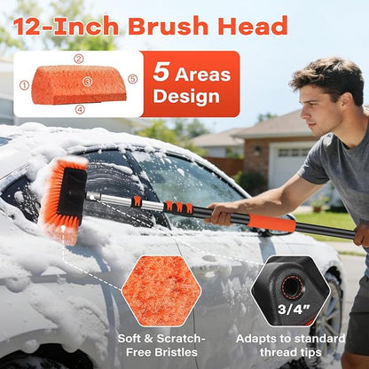 18FT Reach Car Wash Brush with Long Handle,Scratch-Free Soft Bristle Car Cleaning Kit with 3-12FT Extension Pole,Microfiber Clean Mop,Window Squeegee,Mitt,Wheel Brush for RV,Truck,SUV,Siding Washing