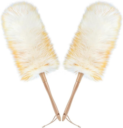 ONESIMUS 2 Pack Lambswool Dusters Fluffy Handheld Natural Feather Duster, 11 inch Washable Reusable Wool Dusters with Solid Wooden Handle for Cleaning Ceiling Fan, Interior, & Car etc