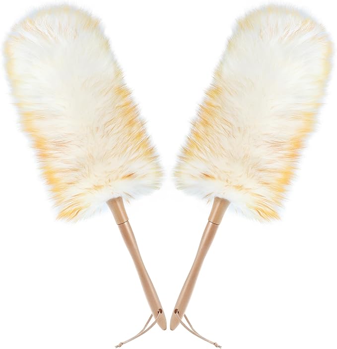 ONESIMUS 2 Pack Lambswool Dusters Fluffy Handheld Natural Feather Duster, 16.5 inch Washable Reusable Wool Dusters with Solid Wooden Handle for Cleaning Ceiling Fan, Interior, & Car etc