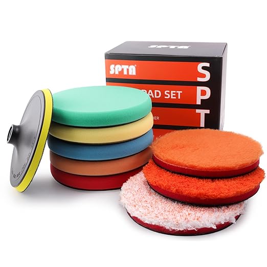 SPTA 9Pcs Polishing Pads Kit, 7 Inches Large Size Buffing Pads, Car Foam Buffing Sponge Pads Kit with 5/8"-11 Backing Plate for Car Care Polisher Boat Waxing, Polishing, Sealing Glaze
