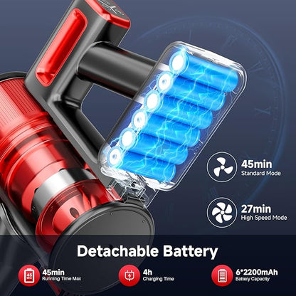 BSNAW Cordless Vacuum Cleaner for Home - Lightweight, Stick Vacuum Clean with Rechargeable Battery, Max 45Mins Runtime, 8 in 1 Handheld Vacuum for Hardfloor & Carpets Pet Hair, Red&Black