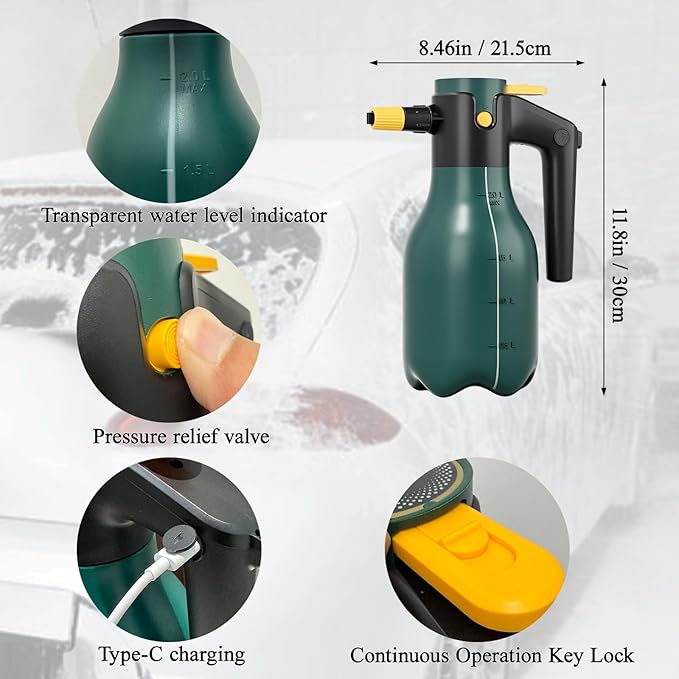 Electric Pressurized Foam Sprayer, 2L Cordless Pump Sprayer with One-Touch Lock, Portable Foam Sprayer for Car Wash, Auto Detailing, House & Pet Cleaning