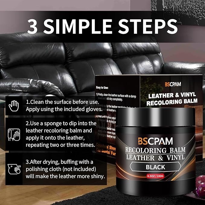 BSCPAM Black Leather Recoloring Balm,Leather Couch Scratch/Stain Remover,Leather Repair kit for Vinyl Furniture and Car Interior,Leather Dye Paint for Scratched and Faded Leather Couches