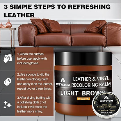 8.5 OZ Leather Recoloring Balm with 100ML Leather Conditioner - Light Brown Leather Repair Kit for Furniture, Leather Dye, Recolor, Renew, Repair & Restore Aged, Faded, Cracked, Peeling and Scuffed