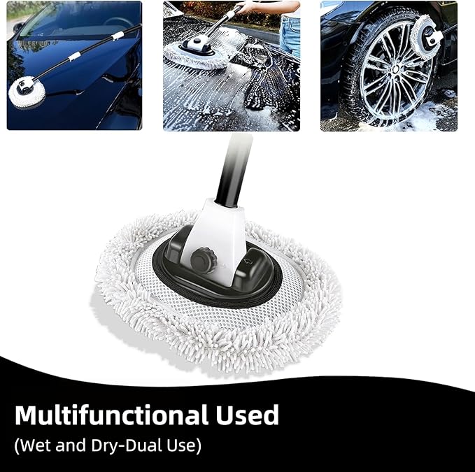 15° Curved Car Wash Brush with Long Handle 43" Microfiber Cleaning Mop Telescopic Extension Pole for Caravan RV Truck Auto SUV Wheel Boat Exterior 2 in 1 Carwash Duster Not Hurt Paint Scratch Free