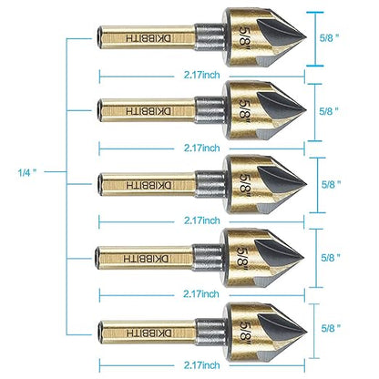 Countersink Drill Bit Set, 5 Pieces High Speed Steel 82 Degree 5 Flute 6mm Round Shank Mill Cutter Bit Countersink in Sizes 5/8" Set with Carrying Case.