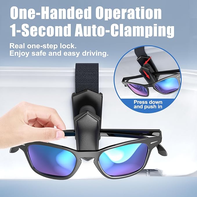 Veharvim Sunglass Holder for Car (One-Handed-Operation, Gentle & Secure Hold, Silicone Padded, Universal Fit, Metal Clip) Visor Sunglass Holder Clip,Visor Sunglass Holder Car (Black, 2 Pack)