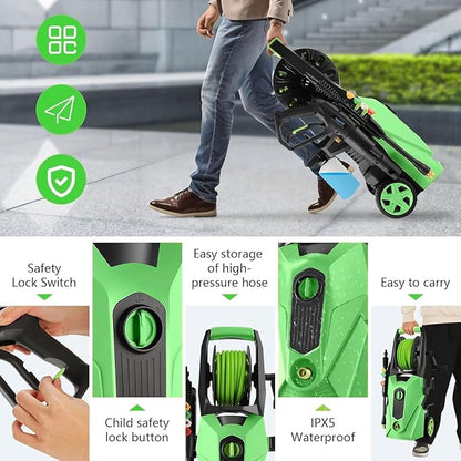 Pressure Washer 5000 PSI,2.8 GPM Power Washer with Foam Cannon,Portable Cleaner with 33ft Hose Reel,4 Nozzle Tips,and Soap Bottle for Cars/Home/Driveways/Patios/Decks/Fences(Dark Green)