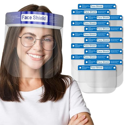 Medical Nation Face Shield | 10 Pack | Clear Plastic Face Shields for Women, Men & Kids, Anti-Fog, Lightweight Reusable Face Shield Mask, Safety Visor Cover with Comfortable Sponge & Elastic Band