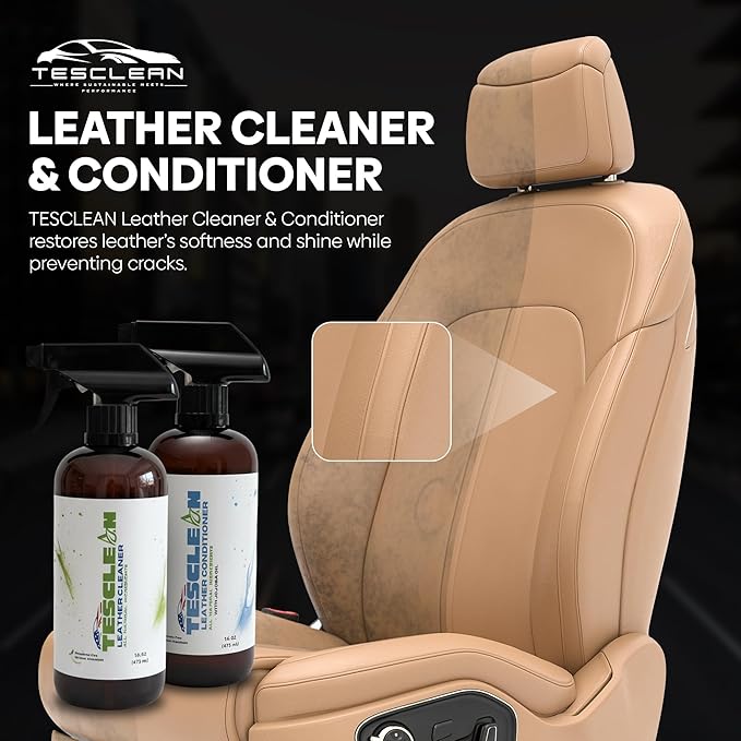 Tesclean Car Leather Cleaner & Conditioner, Made in the USA, Dash & Vinyl,Vegan Conditioner Electric Vehicle Interiors, With Microfiber Towel & Sponge, Interior Cleaner For Tesla