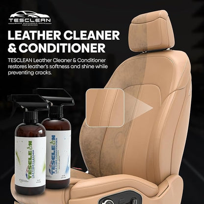 Tesclean Car Leather Cleaner & Conditioner, Made in the USA, Dash & Vinyl,Vegan Conditioner Electric Vehicle Interiors, With Microfiber Towel & Sponge, Interior Cleaner For Tesla