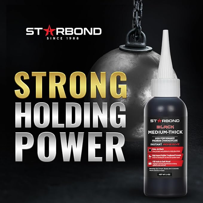 STARBOND Black Medium-Thick CA Glue Pro Kit (2 oz) – Rubber-Toughened, Impact-Resistant Cyanoacrylate Super Glue – for Durable Knot Filling, Crack Repair, Woodworking, Guitar, Hobby & RC Projects