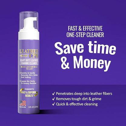 Leather CPR Heavy Duty Leather Foaming Cleaner - 8 oz - Car Interior Cleaner For Heavy Dirt & Grime, Heavily Soiled Furniture Leather Cleaner For Couch, Car Seat,Purses, Shoes, Boots, & More