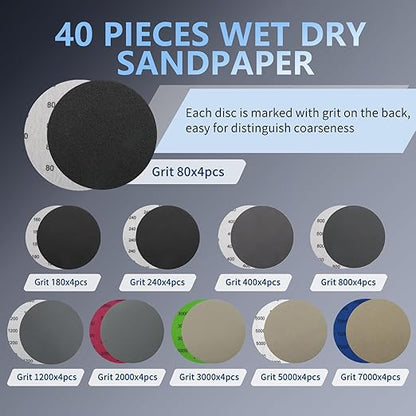 VIBRATITE 40 Pieces 5 Inch Sanding Discs, Wet Dry Sandpaper Sheets Assortment 80 to 7000 Grit Silicon Carbide Hook and Loop Round Sanding Paper with Handle Sanding Block for Wood Metal Automotive
