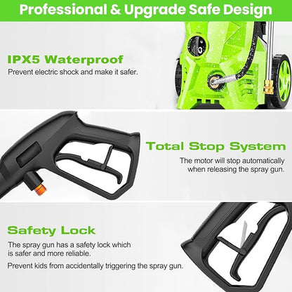 Pressure Cleaner High Power Cleaner with 4 Pressure Nozzle and Foam Cannon, powerCleaners for Home, Car Washing, Fence Cleaning, Patio, Green