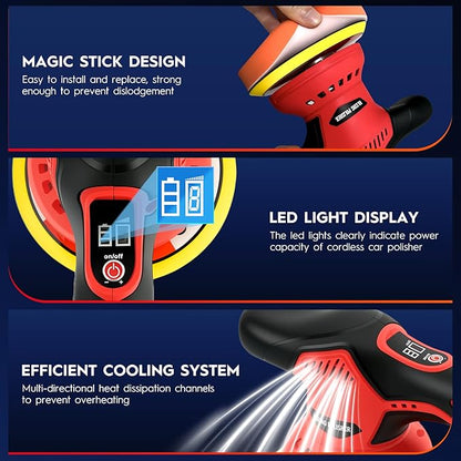 Cordless Car Buffer Polisher Kit with 2x21V Batteries, 6 Inch Car Polisher with 8 Variable Speed 2800-6000RPM & 21 PCS Attachments, Orbital Polisher for Car Detailing, Sanding,Scratch Removing