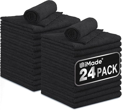 Microfiber Cleaning Cloth, 24 Pack Reusable Microfiber Towels for Cars Lint Free Cleaning Shop Towel Rags for Home Kitchen Automotive Bar Mechanic Restaurant Garage, 11"x 12", Black