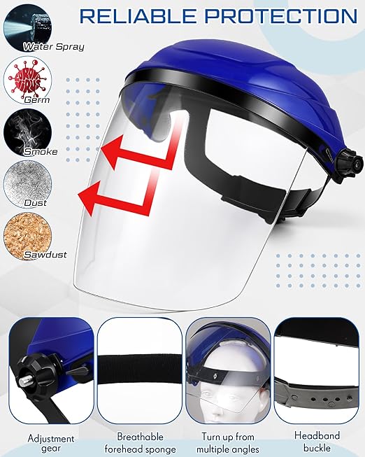 Tellegloww 4 Pcs Safety Face Shield for Grinding and Cutting, Clear Impact Resistant Visor, Full Face Shield Mask with Ratchet Headgear for Grinding, Isolation, Weed Whacking, Industrial Use (Blue)