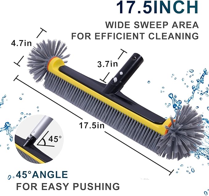 POOLAZA Pool Brush Head with Round Ends, Heavy Duty Pool Brushes for Cleaning Pool Walls, Floors Steps & Corners, 17.5" Pool Brush with Sturdy Aluminum Handle & Durable Nylon Bristles (Yellow)