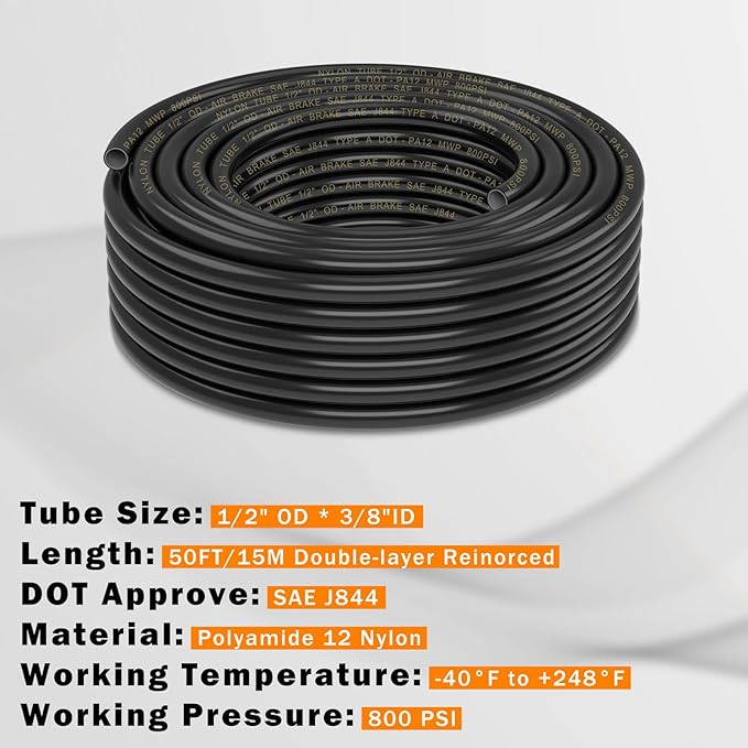 CheeMuii 50 FT 1/2" Double Layer DOT Air Line Premium PA12 Nylon 1/2 Pneumatic Tubing SAE J844 DOT Air Hose 15 Meter 1/2 Inch OD Pneumatic Air Tubing Pipe Hose Line