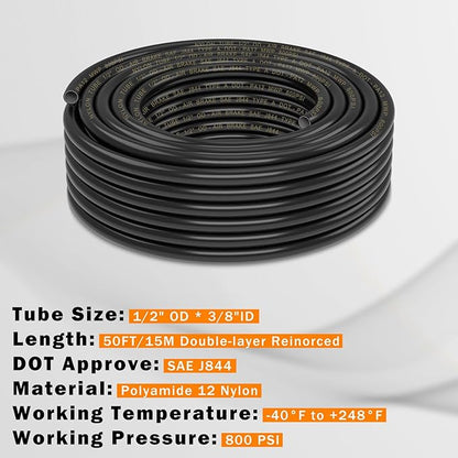 CheeMuii 50 FT 1/2" Double Layer DOT Air Line Premium PA12 Nylon 1/2 Pneumatic Tubing SAE J844 DOT Air Hose 15 Meter 1/2 Inch OD Pneumatic Air Tubing Pipe Hose Line
