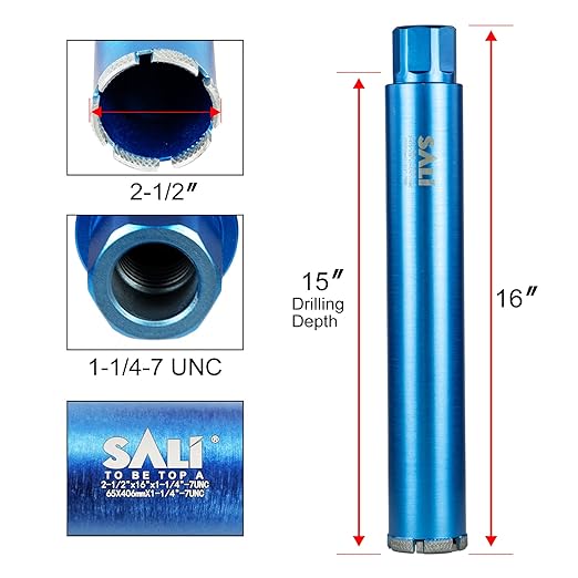 SALI Wet Diamond Core Drill Bits 2-1/2"/65mm Diameter, 15"/380mm Drilling Depth Concrete Core Drill Bit, 1-1/4-7" Thread Core Bit Turbo Laser-Welded Segments with Rebar, Brick, Block, Masonry, Stone