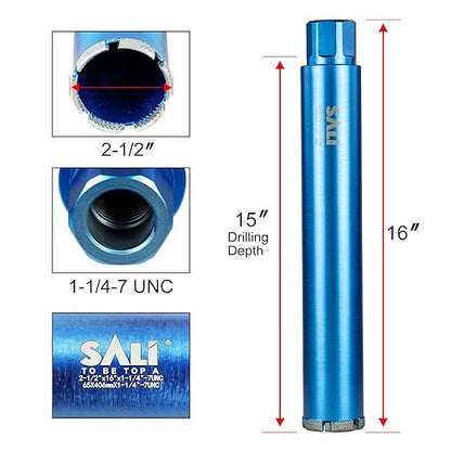 SALI Wet Diamond Core Drill Bits 2-1/2"/65mm Diameter, 15"/380mm Drilling Depth Concrete Core Drill Bit, 1-1/4-7" Thread Core Bit Turbo Laser-Welded Segments with Rebar, Brick, Block, Masonry, Stone
