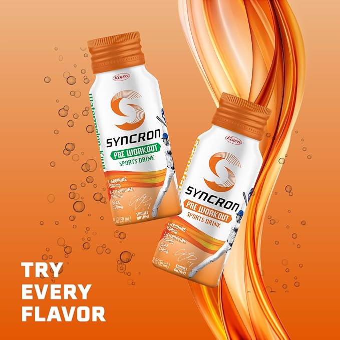 Syncron Pre Workout Sports Drink Endorsed by Shohei Ohtani, Aluminum Bottled, Sugar Free Energy Drink, L Arginine, L Citrulline & BCAAs, Energy Shot, Watermelon Kiwi & Grapefruit, Variety 6 Pack, 2 oz