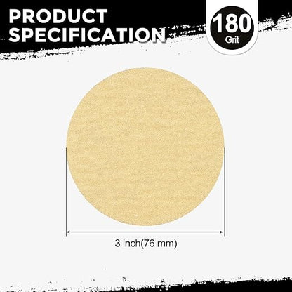 Kozelo 50 Pcs Sanding Discs 3 Inch 180 Grit Hook and Loop Random Orbital Sandpapers Suitable for Drywall Sander Wood Metal Furniture, Yellow