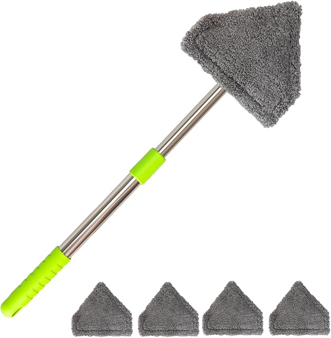 Car Windshield Squeegee Cleaning Tool - Vehicle Window Cleaner with 4 Reusable Washable Microfiber Pads, Telescoping Handle (13" - 16.7"), 180° Rotatable for Both Interior and Exterior Car Glass.