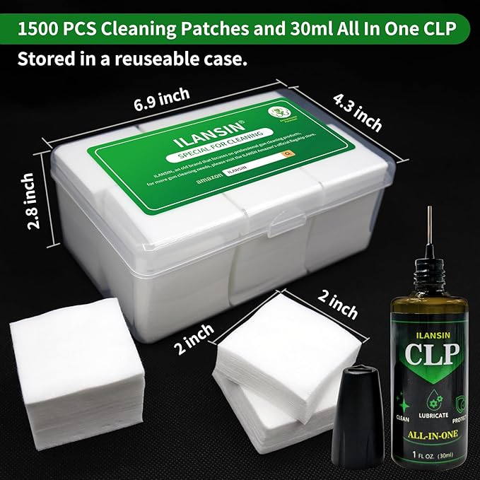 ILANSIN 3000/1500PCS Gun Cleaning Patches+CLP Oil,2"x2" Lint Free Gun Cleaning Cloth,Professional Wipes for Shot Pistol/All Caliber of Firearms.Store in Box Can Store Gun Cleaning Kit,Choose Your Set