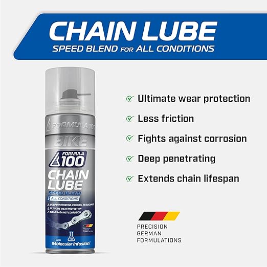 Formula 100 All Conditions Bike Chain Lube – All-Weather Lubricant Bicycles & Electric Bikes – Protects Against Wear, Reduces Friction, Fights Corrosion – 300ml Aerosol (10.14 oz)