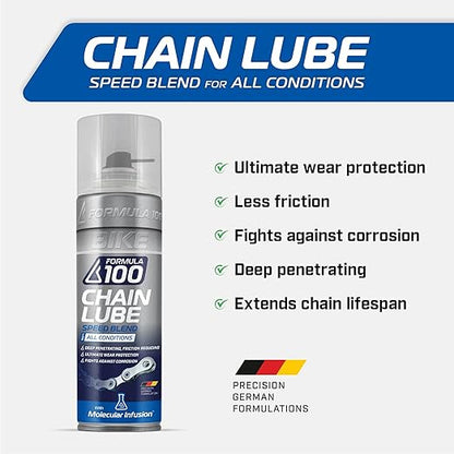 Formula 100 All Conditions Bike Chain Lube – All-Weather Lubricant Bicycles & Electric Bikes – Protects Against Wear, Reduces Friction, Fights Corrosion – 300ml Aerosol (10.14 oz)
