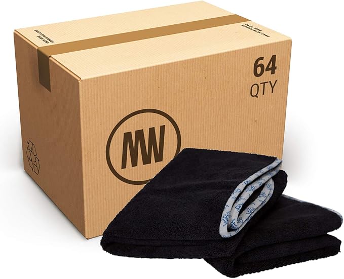 Detail Microfiber Car Towels Bulk (24"x 36") | 400 GSM | 80/20 Blend | Tagless | Soft Satin Piped Edges | All-Purpose Auto Detailing - Wax, Buff, Polish, Wash, Dry | Case of 64 (Black)