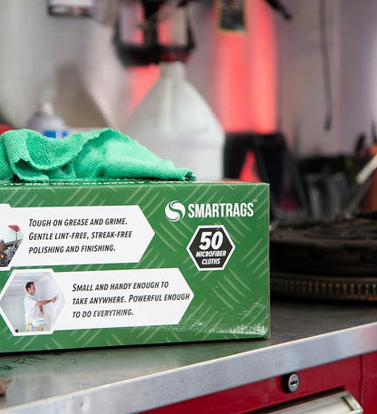 Arkwright Smart Rags in Box - (Pack of 50) Lint Free Microfiber Cleaning Cloth, Scratch & Streak-Free, Dispensable Wash Towels for Cars, Window Glass, and Auto Shop, 12 x 12 in, Green