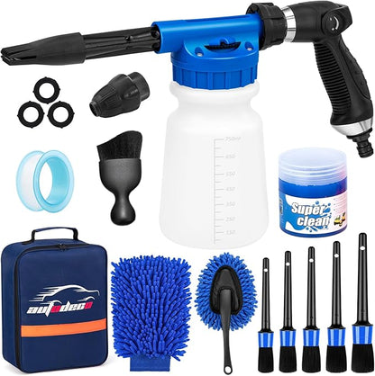 AUTODECO Car Wash Detailing Kit Cleaning Kits with Foam Gun Sprayer, Car Wash Brush and Large Wash Mitt Duster for Car Interior and Exterior Cleaning (Blue)